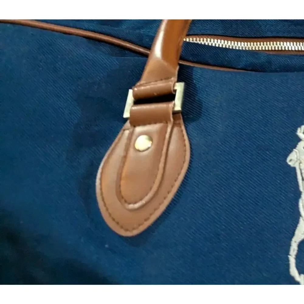 Vtg Polo Ralph Lauren Big Pony Canvas Overnight Weekender Duffle Bag Blue Brown
